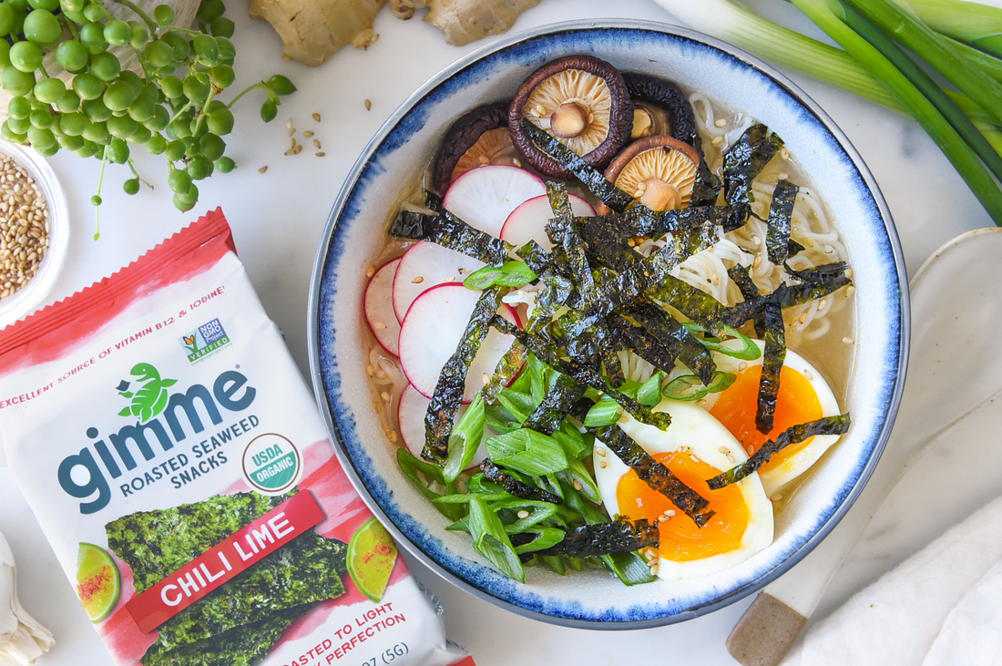 Ramen soup with gimme chili lime seaweed snack.
