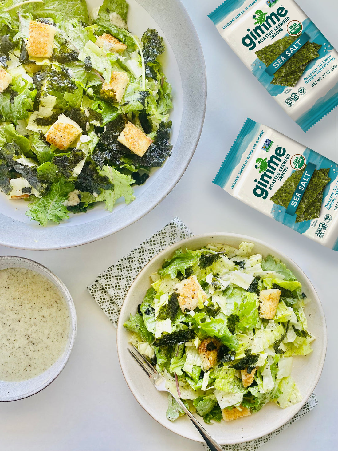 Caesar salad with gimme sea salt seaweed snack.
