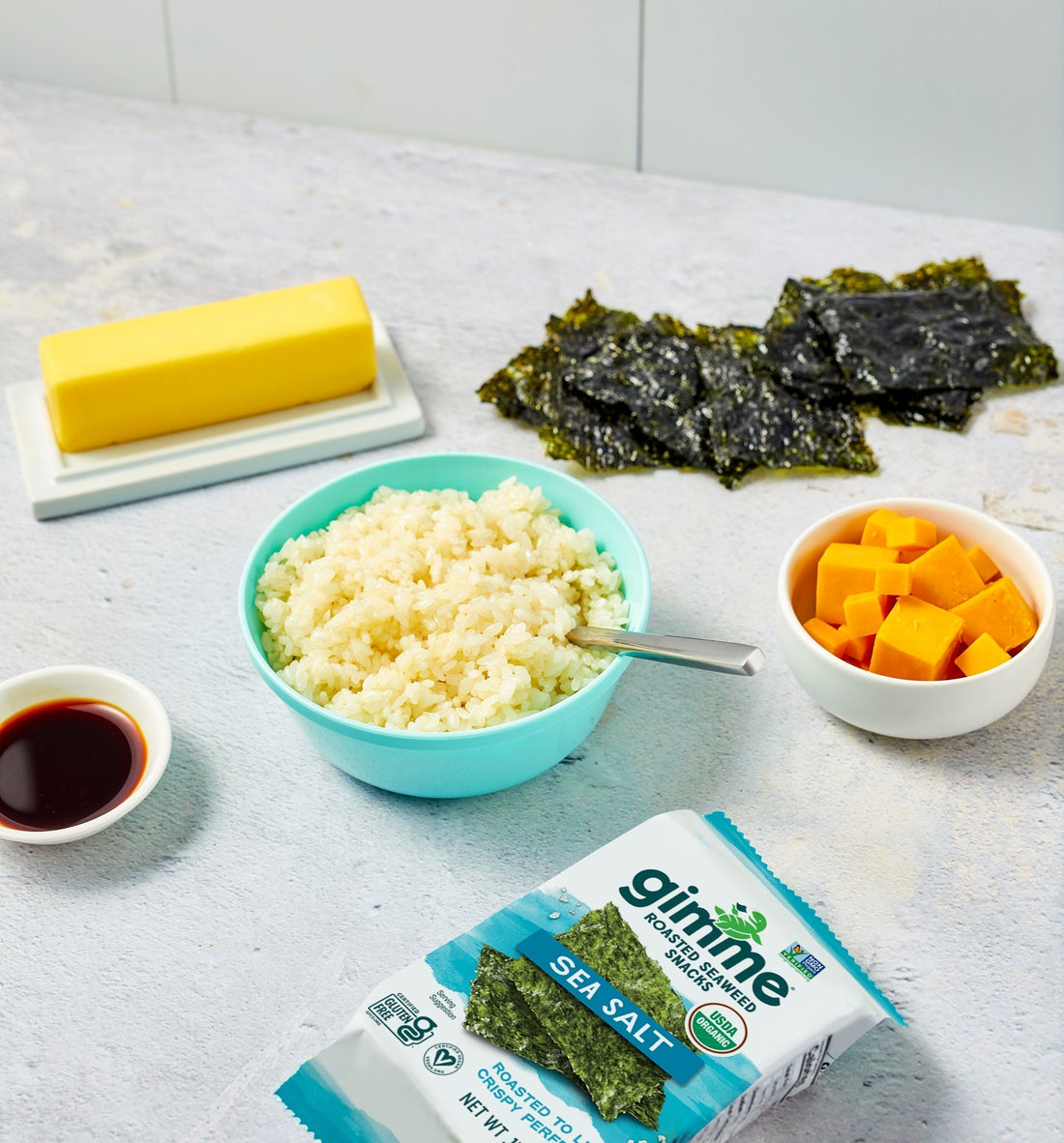 Bowls of snack foods and gimme sea salt seaweed.