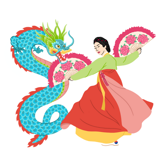 Gimme celebrates lunar new year with kimchi Juice, Korean dancer and blue dragon.