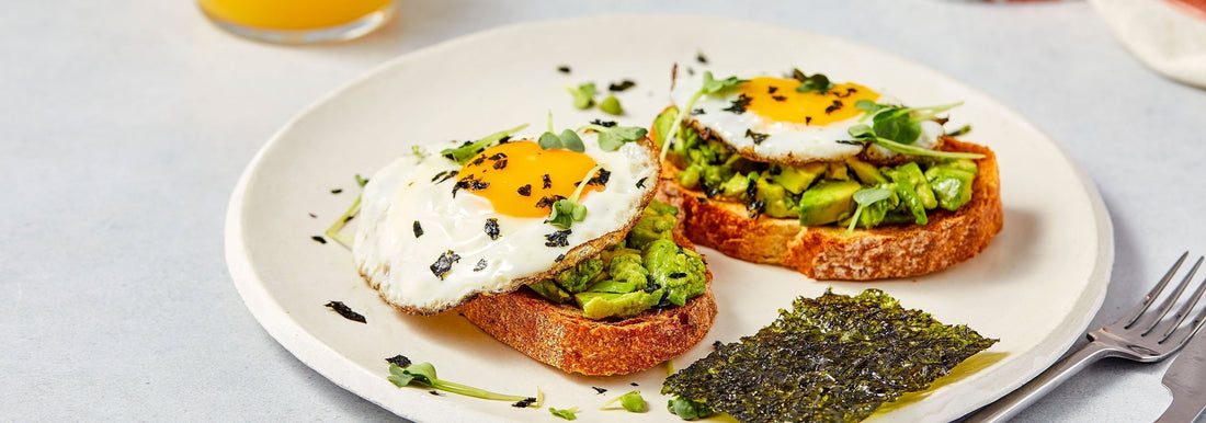 Toast with egg and avocado and gimme avocado oil seaweed snack.