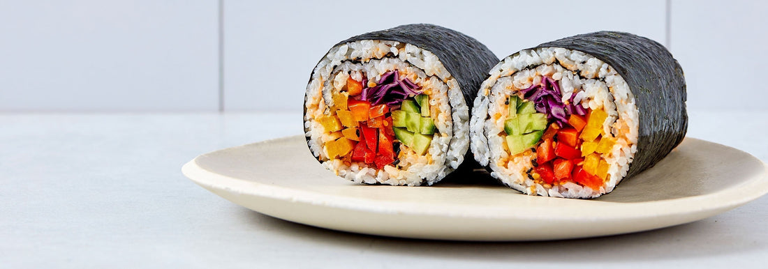 Sushi burrito made with gimme sushi nori seaweed snack.