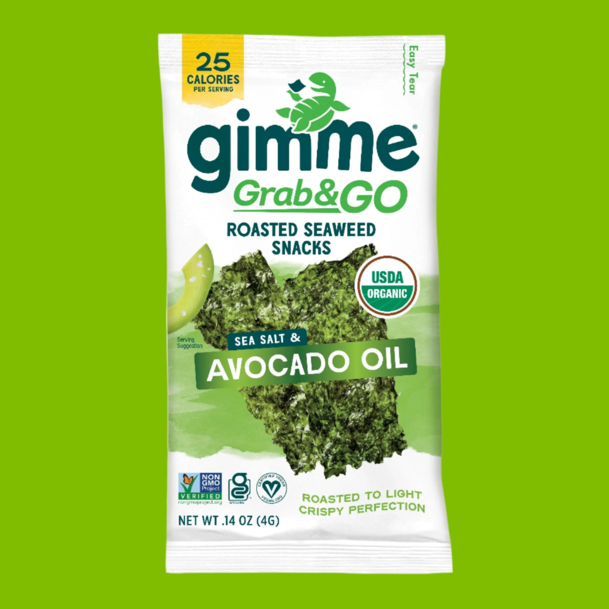 Box of Gimme Seaweed Grab & Go Avocado Oil Seaweed Snacks; 5-Pack (14oz). These USDA organic, vegan snacks in sea salt flavor are ideal for keto enthusiasts seeking a quick bite.