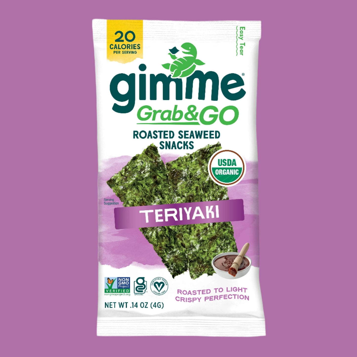 Box of Gimme Seaweed Grab & Go Teriyaki Seaweed Snacks, ideal vegan treats with a USDA organic label. These keto-friendly snacks include five convenient packs totaling 0.70 oz.
