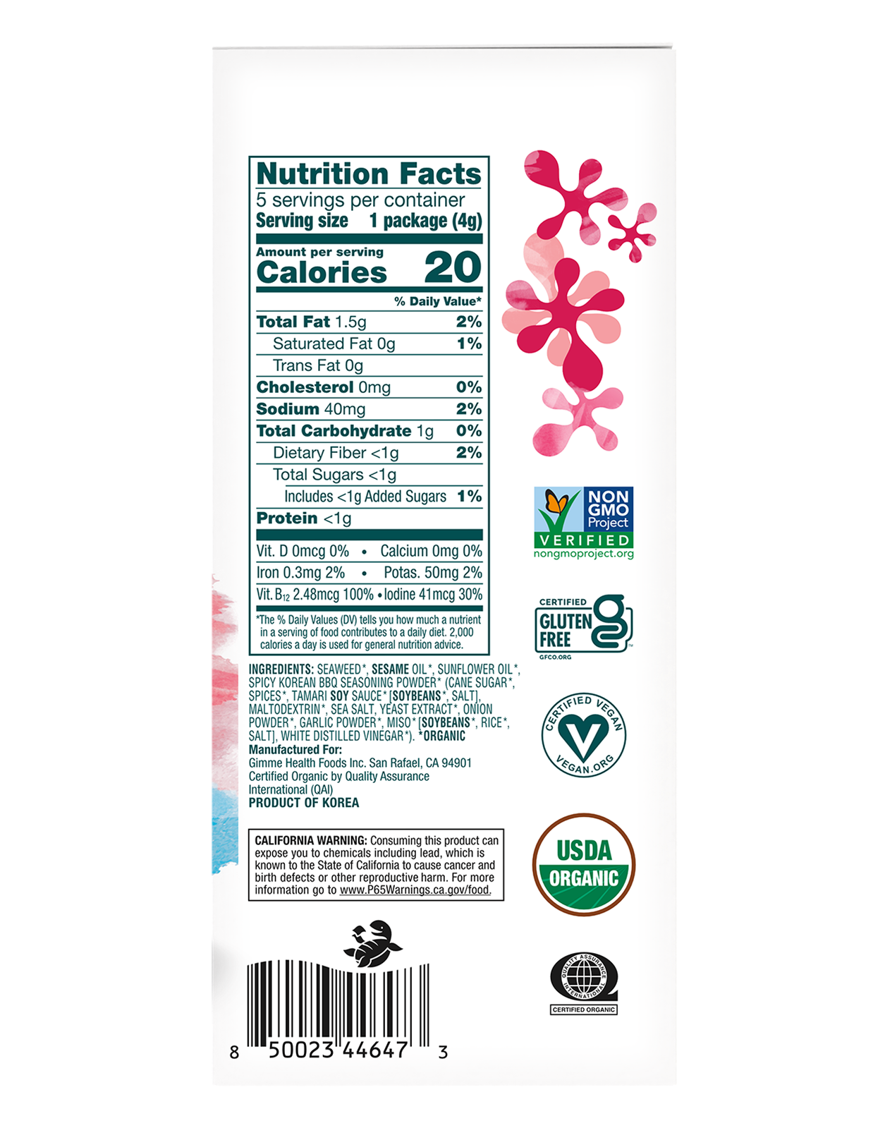 Gimme Korean BBQ Grab & Go Roasted Seaweed Snack nutritional information.