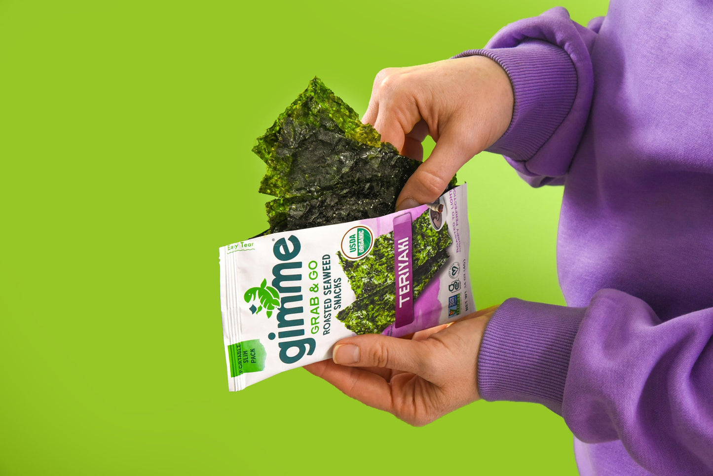 Box of Gimme Seaweed Grab & Go Teriyaki Seaweed Snacks, ideal vegan treats with a USDA organic label. These keto-friendly snacks include five convenient packs totaling 0.70 oz.