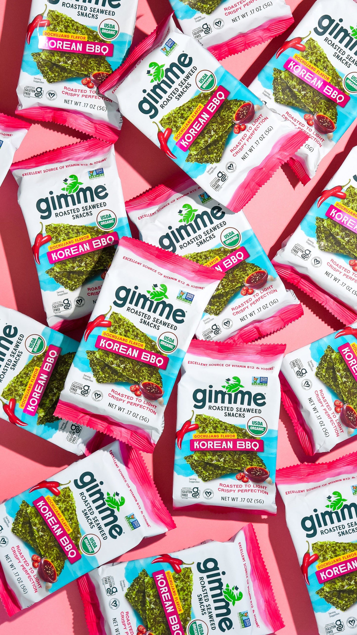 The Gimme Seaweed Korean BBQ Roasted Seaweed Snacks, 6-Pack (.17oz), feature the USDA Organic seal, are gluten-free and vegan, and offer rich vitamin B12 and iodine content. Ideal for those craving organic seaweed snacks with a flavorful twist.