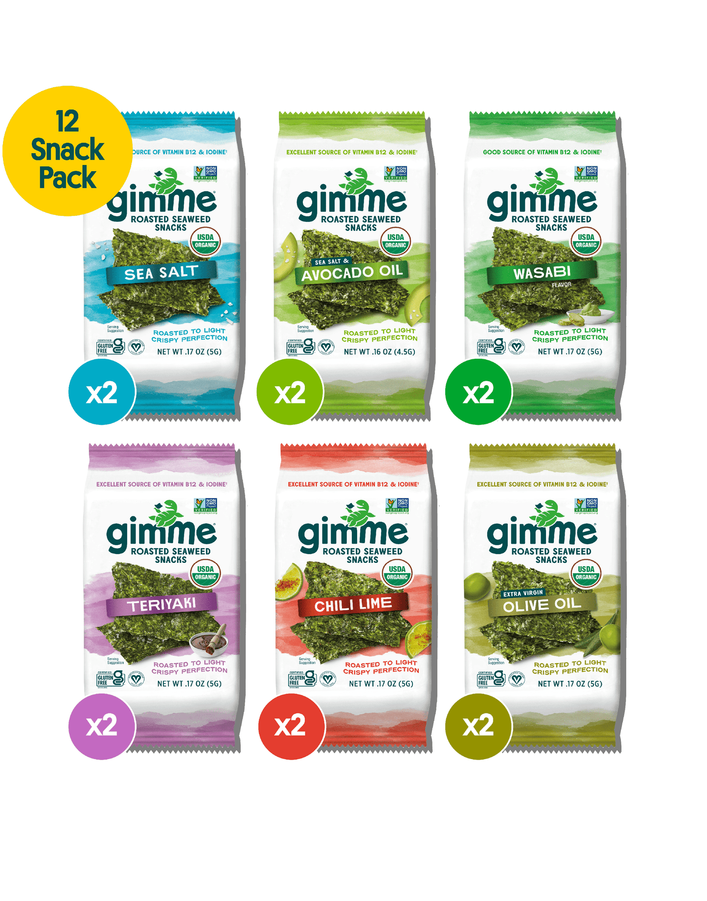 Try the Gimme Seaweed Snacks Variety 12 Pack (.17oz) with six tasty options: Sea Salt, Avocado Oil, Wasabi, Teriyaki, Toasted Sesame, and Olive Oil. These vegan, gluten-free snacks are a healthy treat for any on-the-go snack lover!.