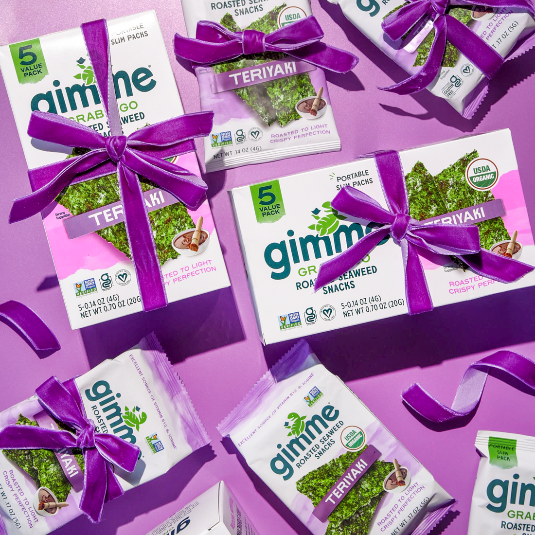 Gimme teriyaki seaweed snacks tied in bows.