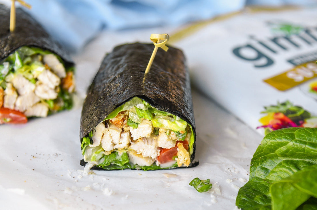 Chicken caesar wrap with gimme sushi nori seaweed snack in place of a tortilla.