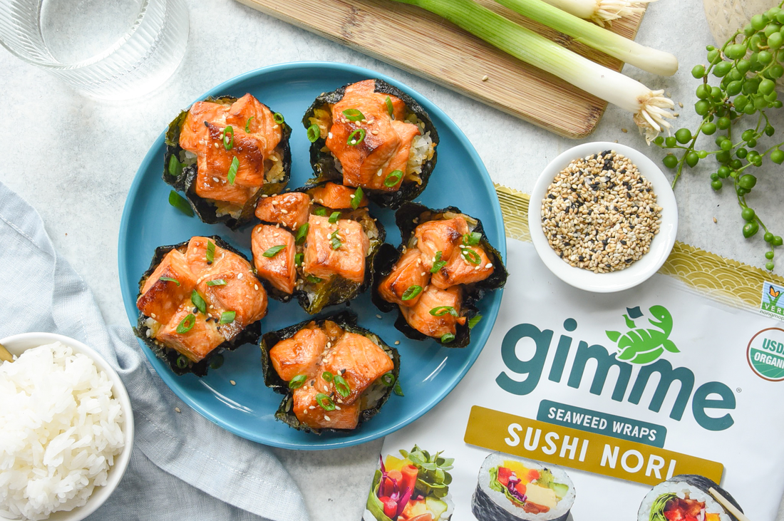 Baked salmon sushi cups with gimme sushi nori seaweed snack.
