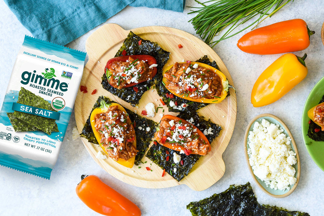 Image of stuffed peppers with gimme sea salt seaweed snack.