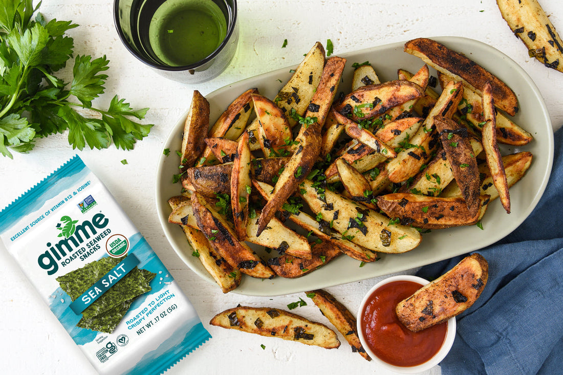 Potato wedges with gimme sea salt seaweed snack.