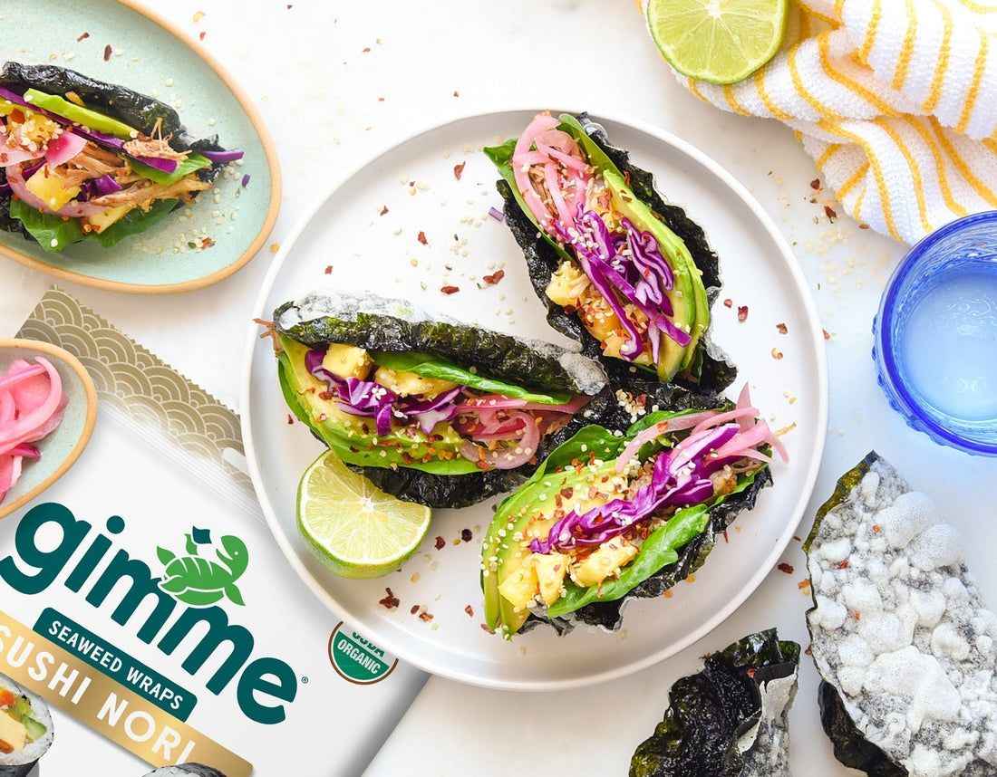 Crispy seaweed tacos with gimme sushi nori seaweed snack.