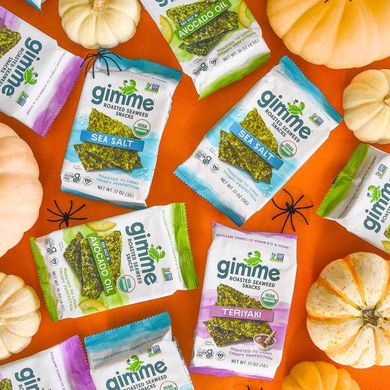 Ciao Chips and Candy, gimme's roasted seaweed snacks with halloween decorations.