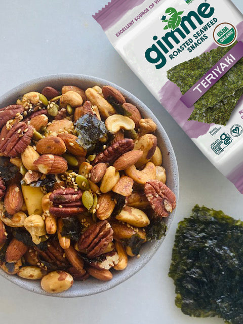 Teriyaki roasted mixed nuts with gimme teriyaki seaweed snack.