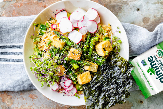 Springtime Baked Tofu Poke Bowls made with Gimme Seaweed snacks.