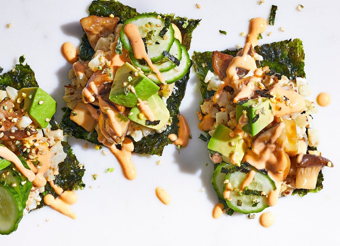 Fresh vegetables on a piece of Gimme seaweed.