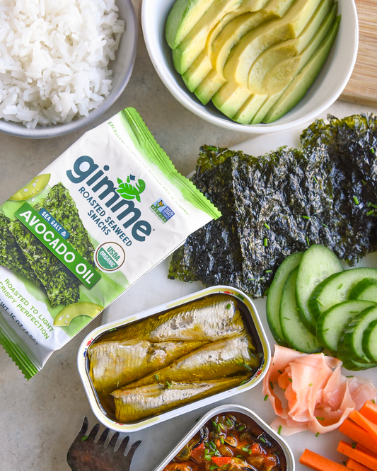 Gimme avocado oil seaweed next to avocados and sardines.