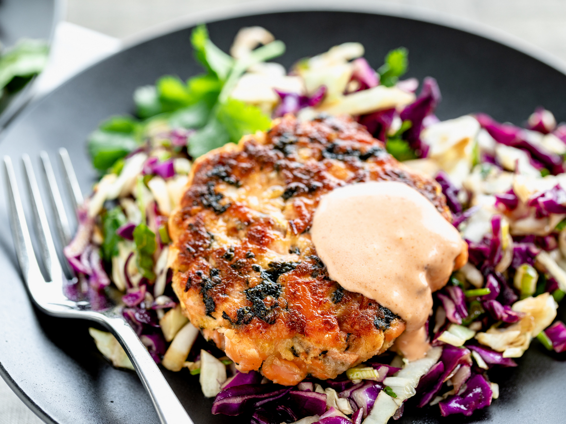 Salmon Burger with Seaweed and Slaw