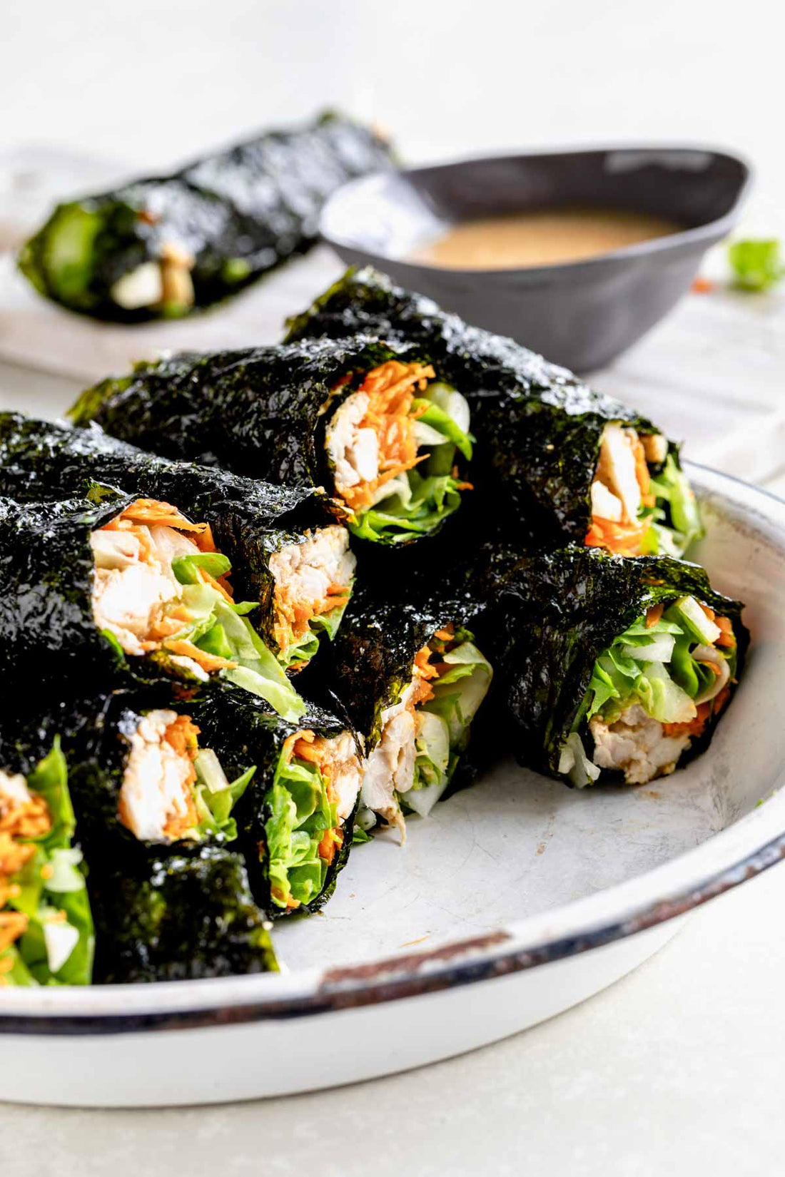 Cashew chicken wraps with gimme sushi nori seaweed snack.