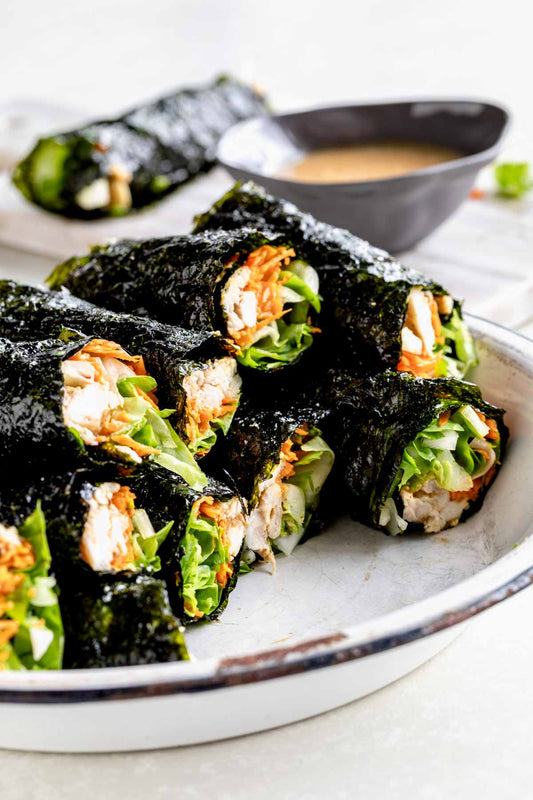 Cashew chicken wraps with gimme sushi nori seaweed snack.