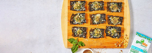 Serving tray of seaweed parmesan crisps made with gimme sea salt seaweed snack.