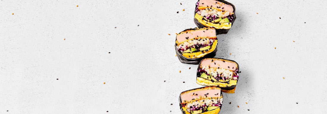Sushi sandwich made with gimme sushi nori seaweed snack.