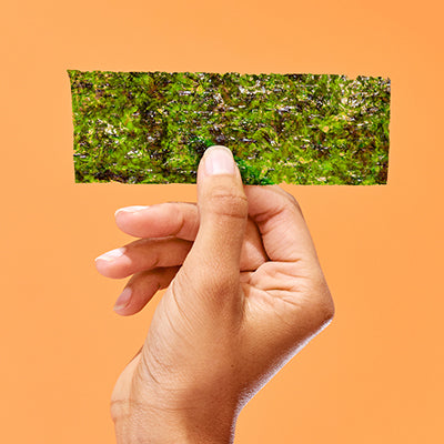 A hand holding a piece of gimme seaweed snack.