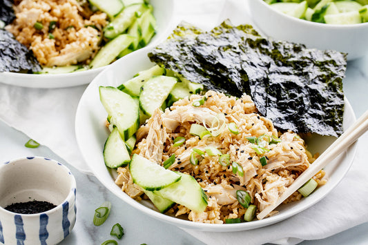 Shredded Chicken Rice Bowl with a side of Gimme roasted seaweed snacks.
