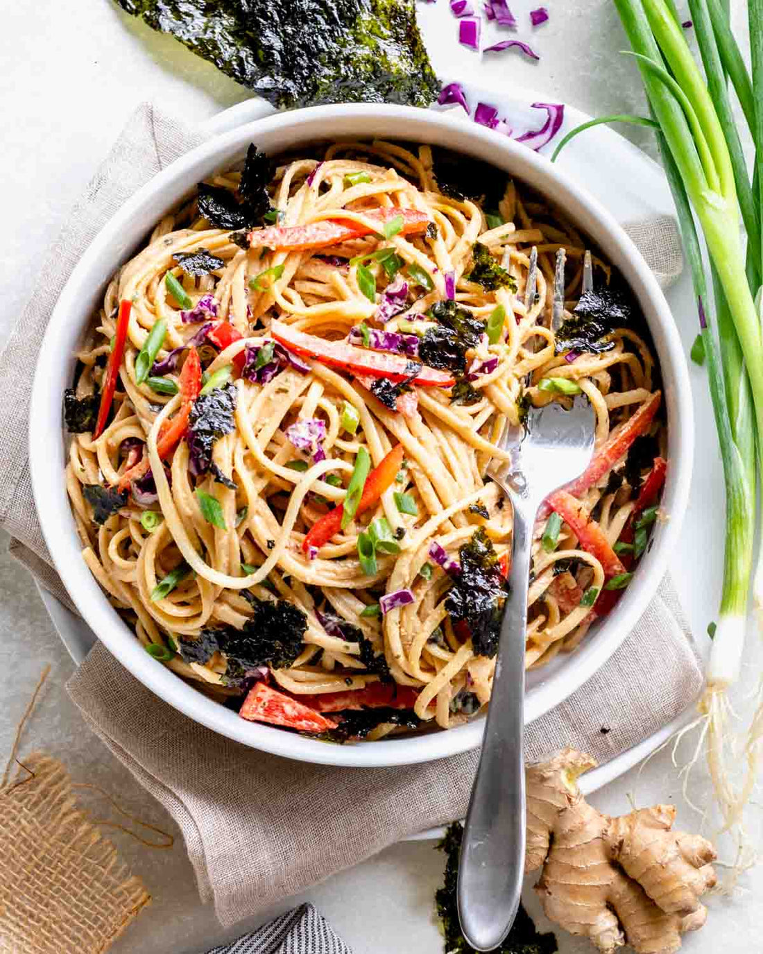 Vegetarian peanut noodle salad with gimme sea salt seaweed snack.