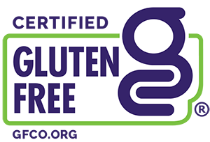 A purple and green logo with the words "Gluten Free" in bold, purple letters next to a stylized "g" on a white background.