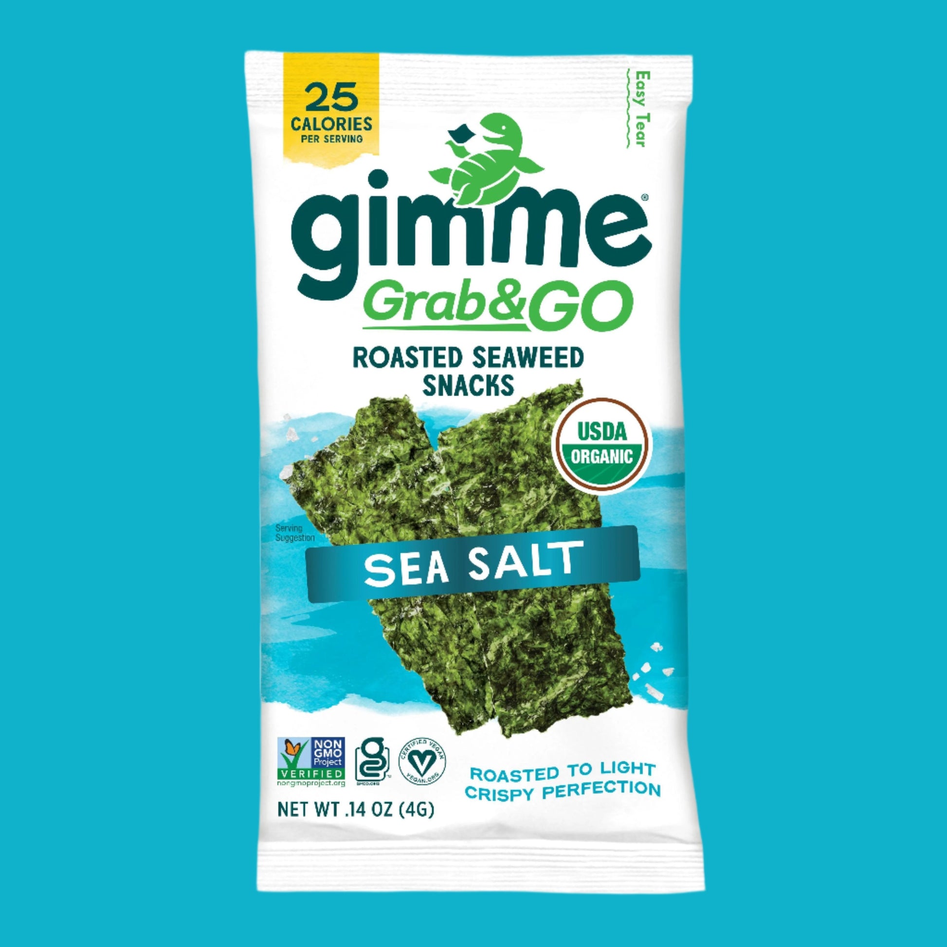 Box of Gimme Seaweed Grab & Go Sea Salt Seaweed Snacks, USDA organic and gluten-free, with five convenient 14oz packs.