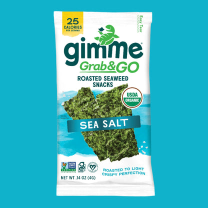 Box of Gimme Seaweed Grab & Go Sea Salt Seaweed Snacks, USDA organic and gluten-free, with five convenient 14oz packs.