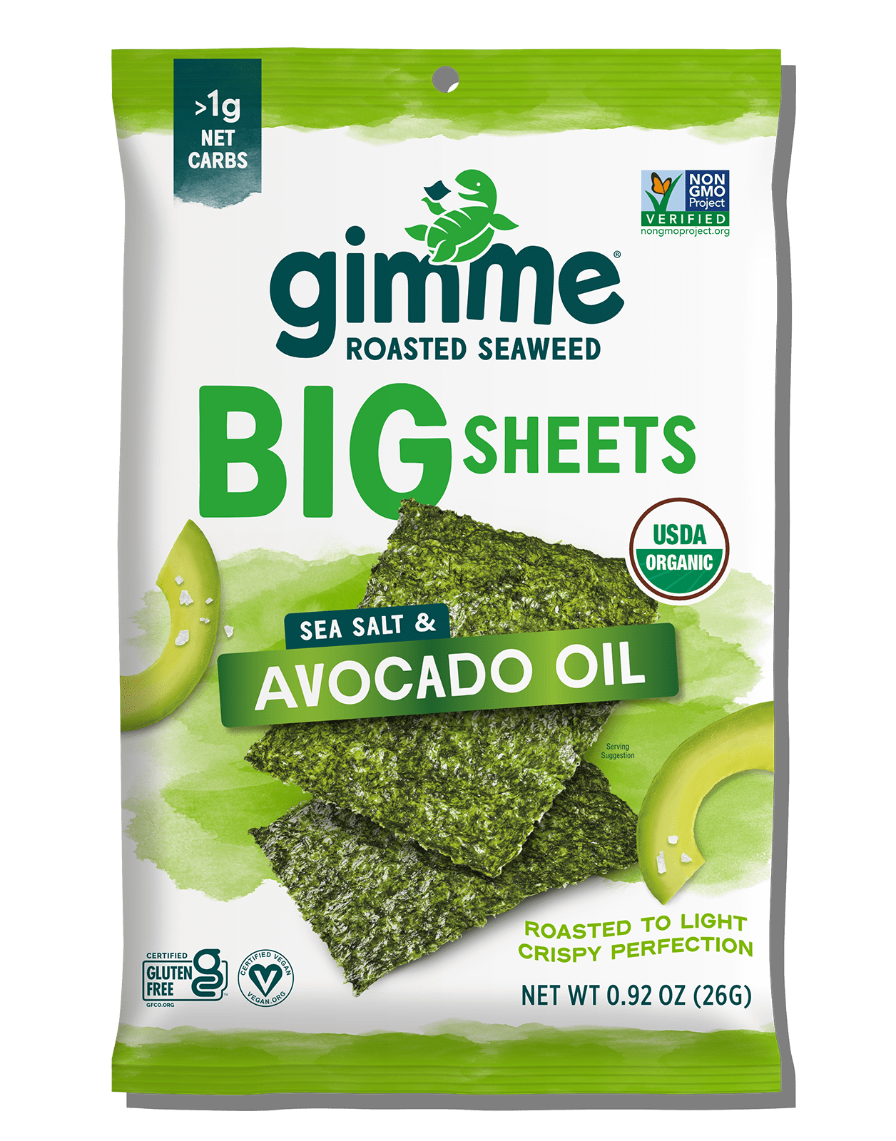 The Gimme Seaweed Big Sheets Avocado Oil Seaweed (.92oz) is seasoned with sea salt and avocado oil. It's USDA Organic, Non-GMO Project Verified, gluten-free, vegan, and keto-friendly.