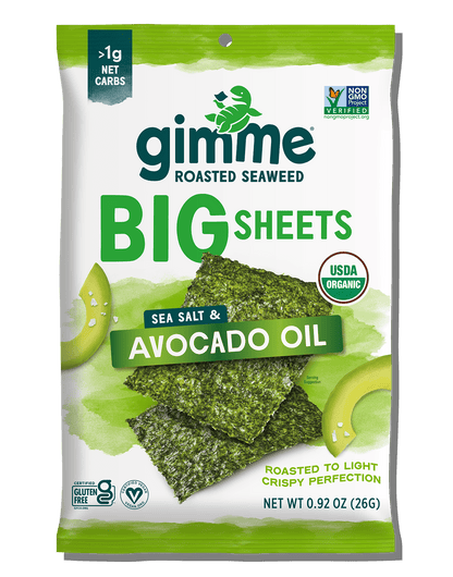 The Gimme Seaweed Big Sheets Avocado Oil Seaweed (.92oz) is seasoned with sea salt and avocado oil. It's USDA Organic, Non-GMO Project Verified, gluten-free, vegan, and keto-friendly.