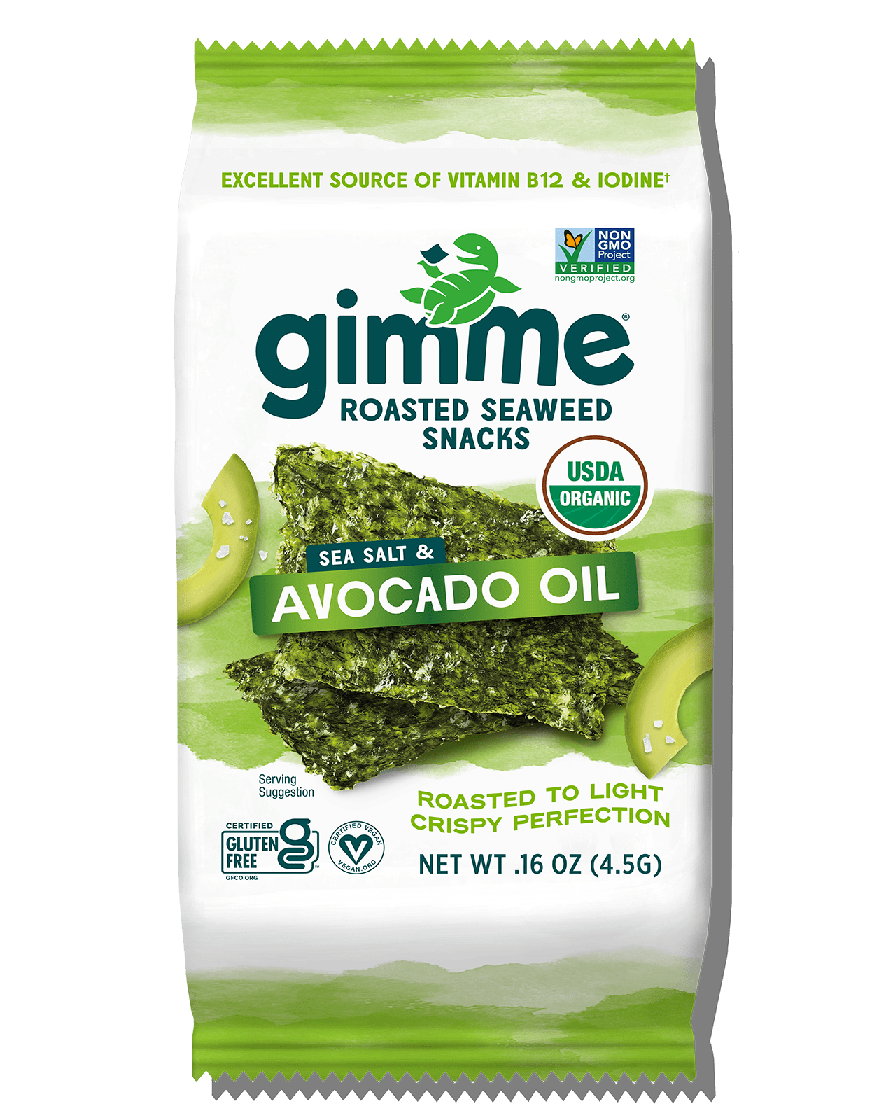 Enjoy Gimme Seaweed's Sea Salt & Avocado Oil Seaweed Snacks, 6-Pack (.16oz). These USDA organic snacks are perfect vegan treats, featuring gluten-free goodness with avocado slices and seaweed imagery on the packaging.