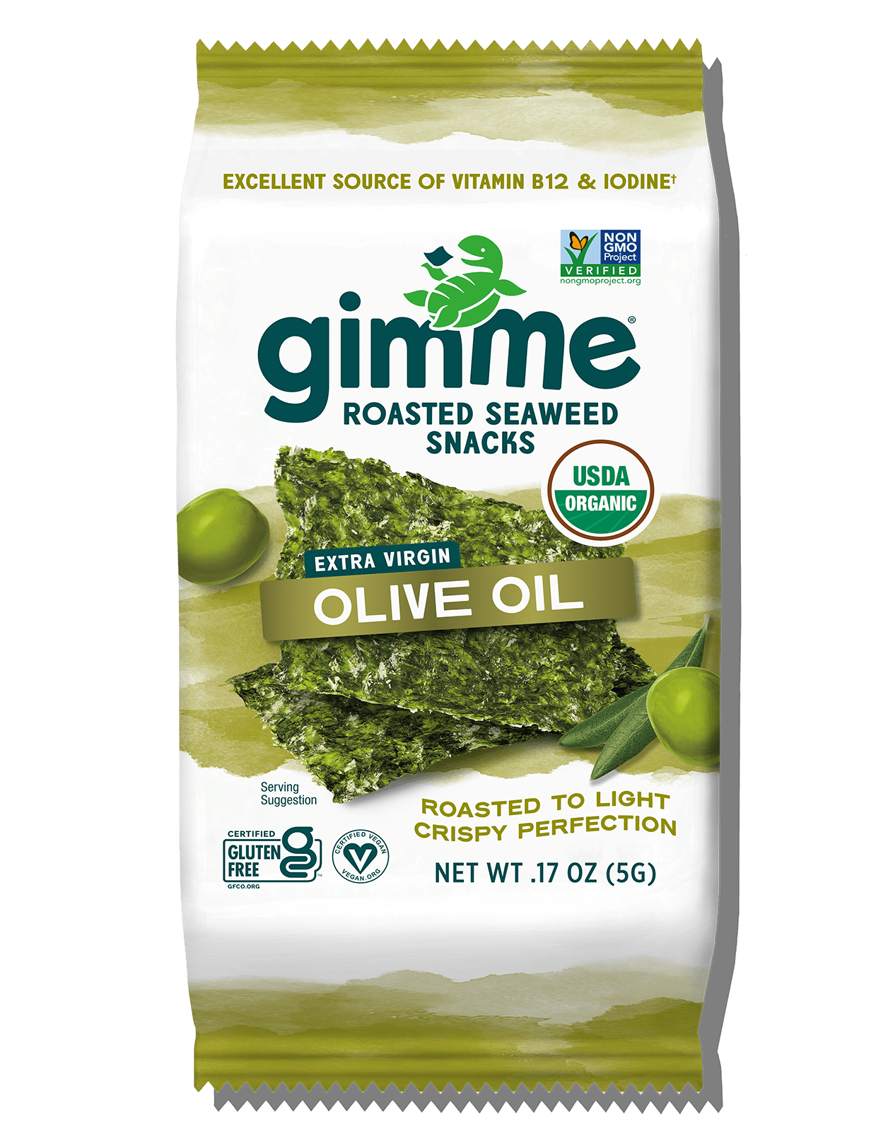 Gimme Seaweed's Extra Virgin Olive Oil Seaweed Snacks 6-Pack (17oz) are USDA organic, gluten-free, and Non-GMO Project Verified.