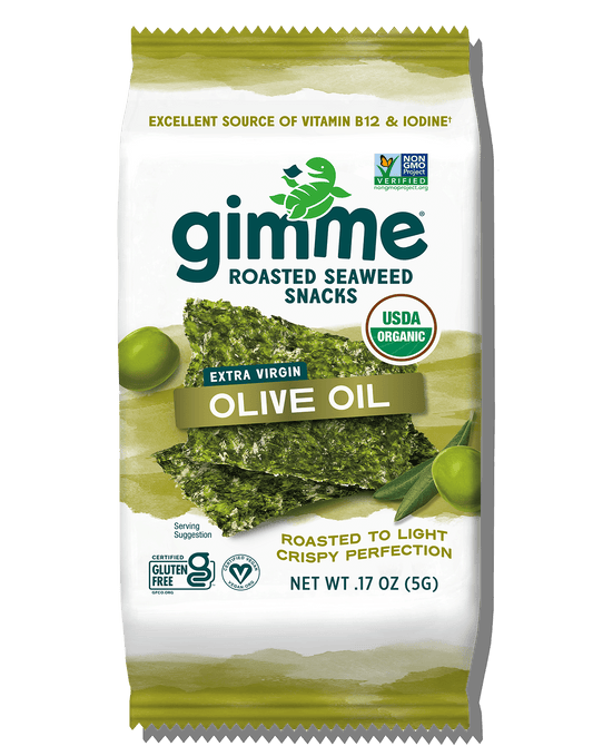 Gimme Seaweed's Extra Virgin Olive Oil Seaweed Snacks 6-Pack (17oz) are USDA organic, gluten-free, and Non-GMO Project Verified.