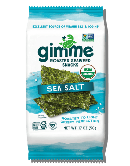 Gimme Seaweed's Sea Salt Seaweed Snacks, 6-pack (0.17oz), are USDA Organic and gluten-free with a crispy texture and delightful sea salt flavor.