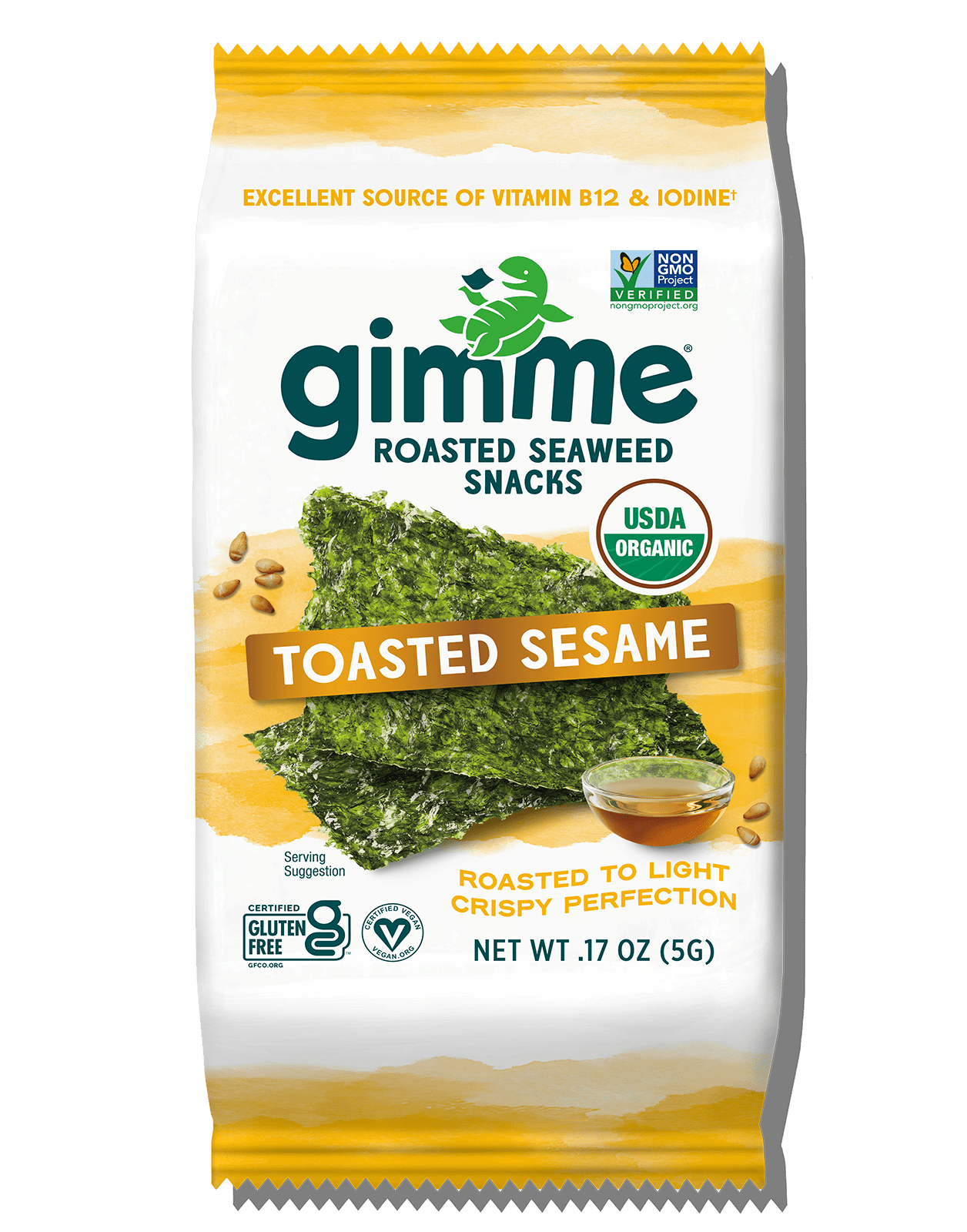 Gimme Seaweed's Toasted Sesame Seaweed Snacks, 6-Pack (.17oz), offers a healthy USDA Organic and Non-GMO snack alternative.