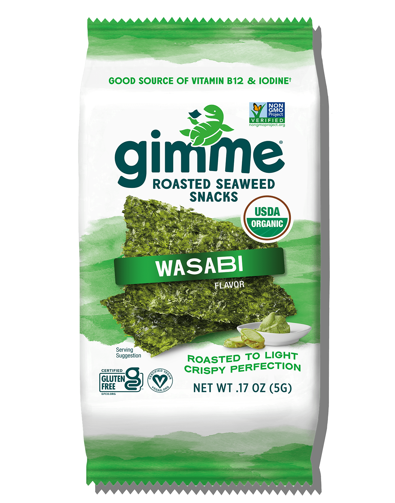 A 6-pack of Gimme Seaweed Wasabi Seaweed Snacks, each at 0.17 oz (5 g), is USDA organic, vegan, gluten-free, and keto-friendly.