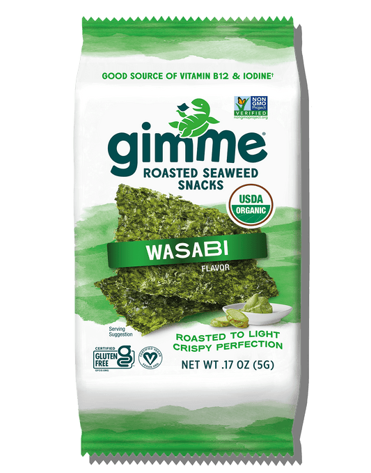 A 6-pack of Gimme Seaweed Wasabi Seaweed Snacks, each at 0.17 oz (5 g), is USDA organic, vegan, gluten-free, and keto-friendly.