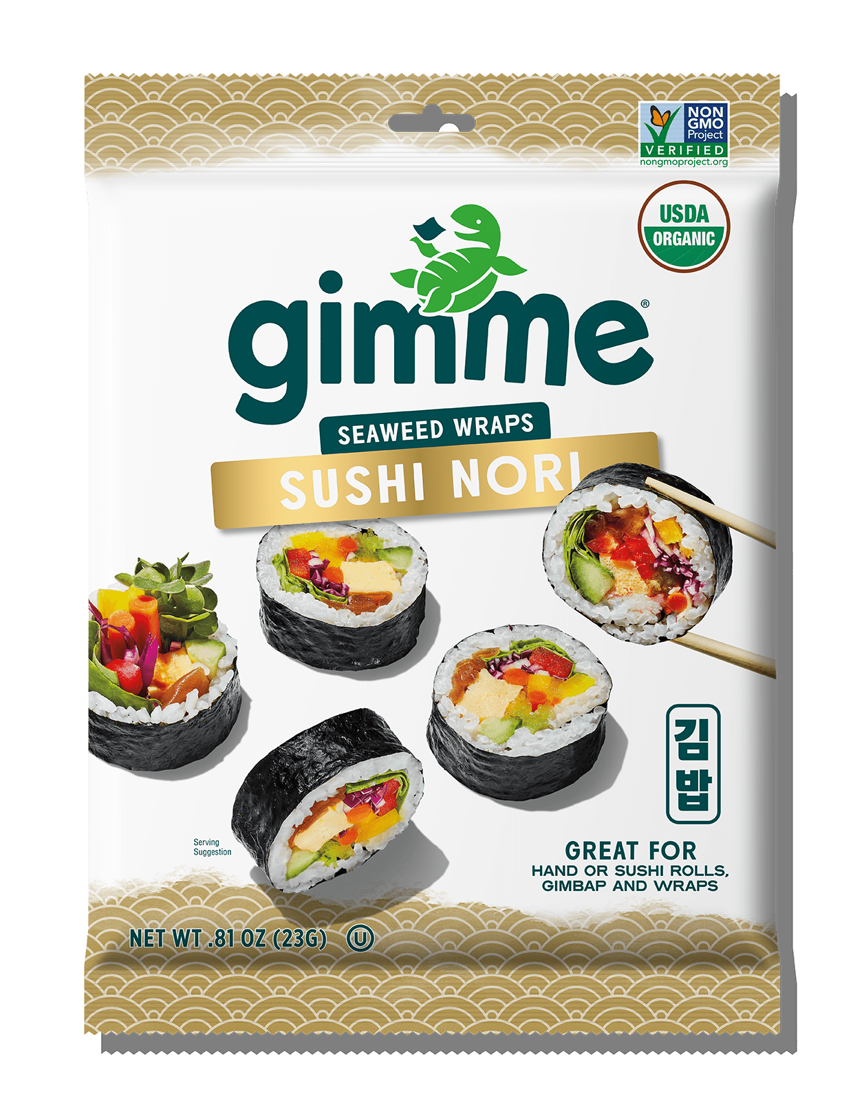 Package of Gimme Seaweed Organic Sushi Nori Sheets, featuring images of sushi rolls and vegetables. USDA Organic, non-GMO certified, Keto-Friendly. Net weight 0.81 oz (23g).