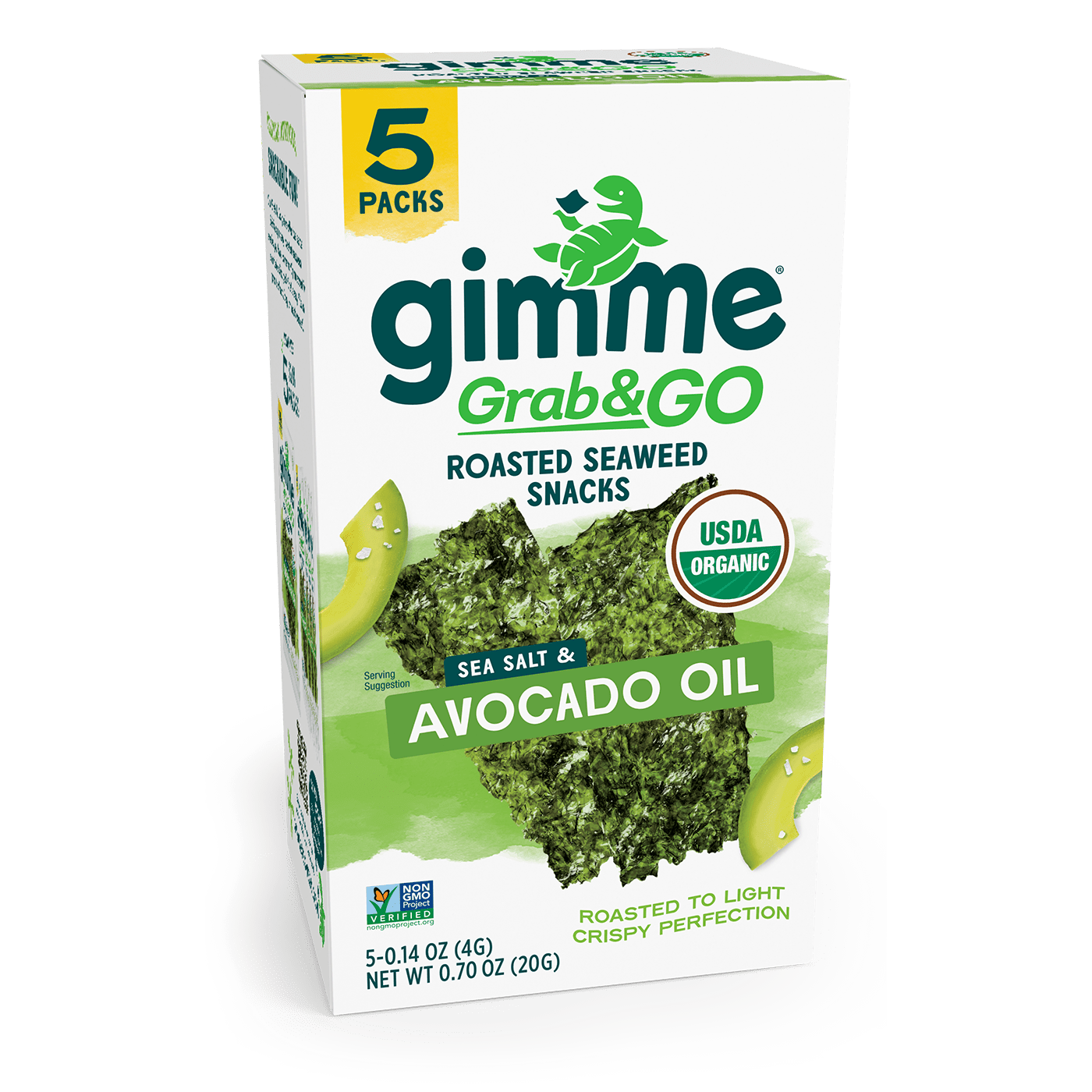 Box of Gimme Seaweed Grab & Go Avocado Oil Seaweed Snacks; 5-Pack (14oz). These USDA organic, vegan snacks in sea salt flavor are ideal for keto enthusiasts seeking a quick bite.