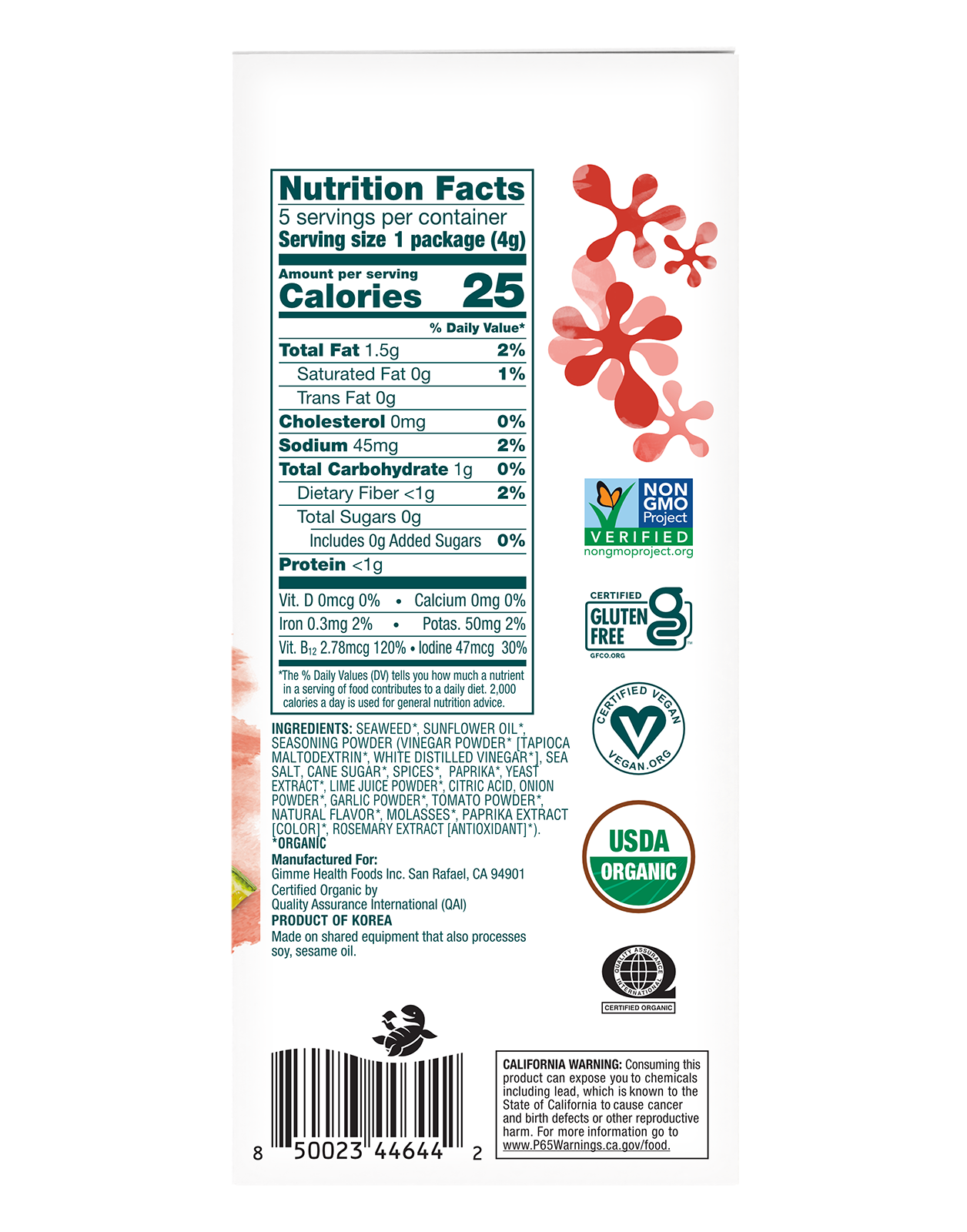 Gimme Chili Lime Grab & Go Roasted Seaweed Snack nutritional information.