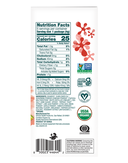 Gimme Chili Lime Grab & Go Roasted Seaweed Snack nutritional information.
