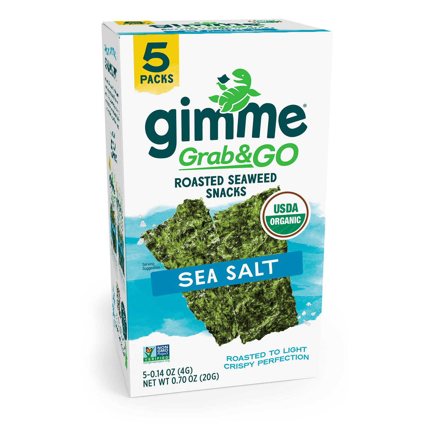 Box of Gimme Seaweed Grab & Go Sea Salt Seaweed Snacks, USDA organic and gluten-free, with five convenient 14oz packs.