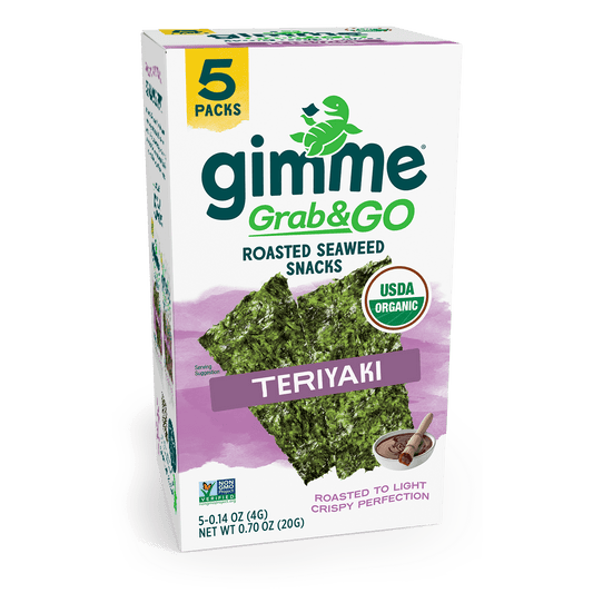 Box of Gimme Seaweed Grab & Go Teriyaki Seaweed Snacks, ideal vegan treats with a USDA organic label. These keto-friendly snacks include five convenient packs totaling 0.70 oz.