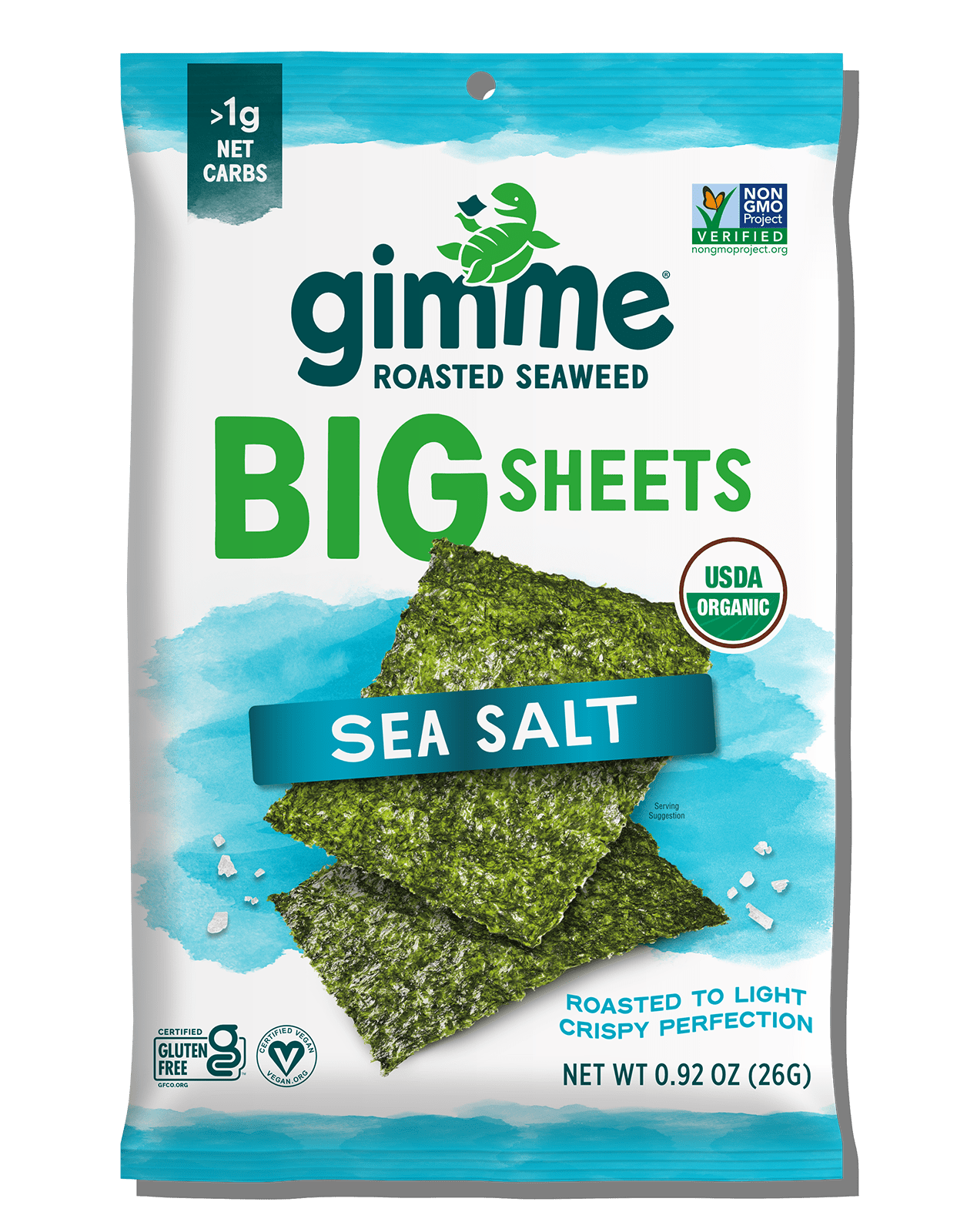 The Big Sheets Sea Salt Seaweed (.92oz) from Gimme Seaweed provides a vegan, gluten-free snack. It is USDA Organic and Non-GMO Project Verified, making it a delightful and healthy treat for all.